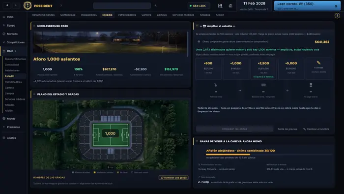 Plano del estadio, capacidad y opciones de ampliación.