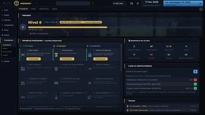 Árvore de competências do proprietário do clube, experiência, percurso e objetivos da época.