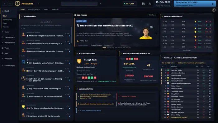 Vereinsübersicht mit Posteingang, Finanzen, Spielplan und Ligatabelle.
