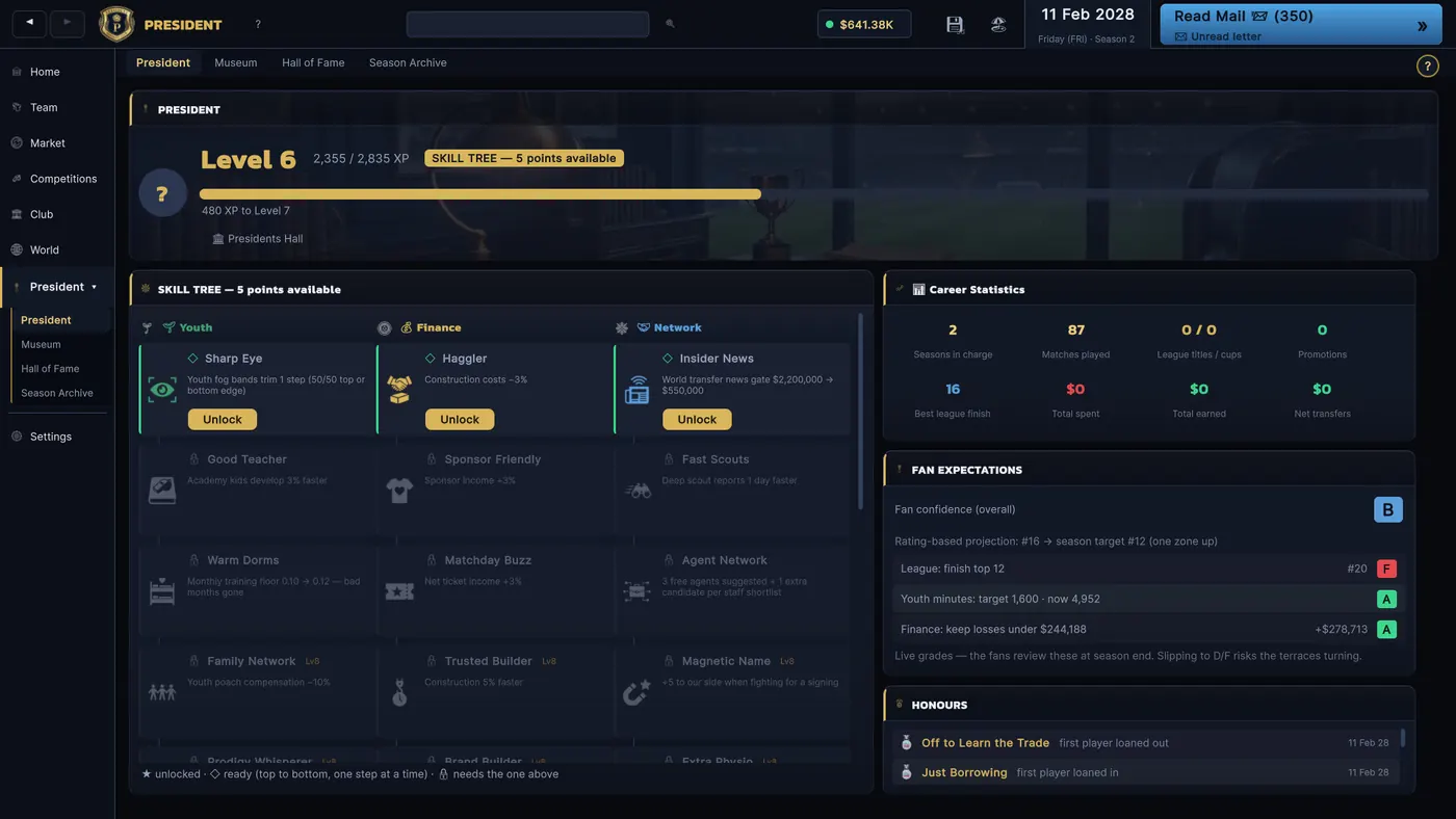 The club owner's skill tree, experience, career record and season objectives.