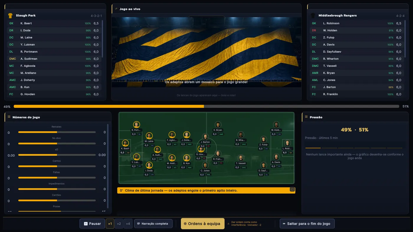 Jogo a decorrer com vista do relvado, resultado, notas dos jogadores, estatísticas e comentários em direto.