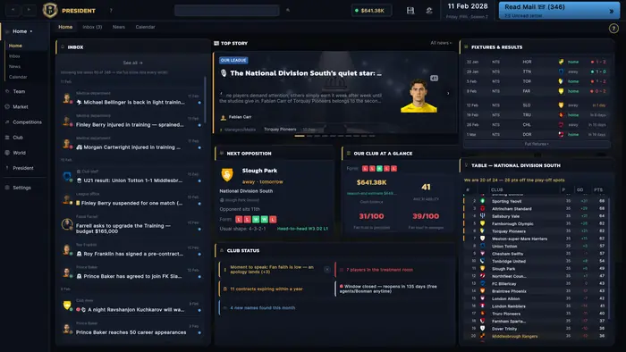 Club dashboard with inbox messages, finances, fixtures and the league table.