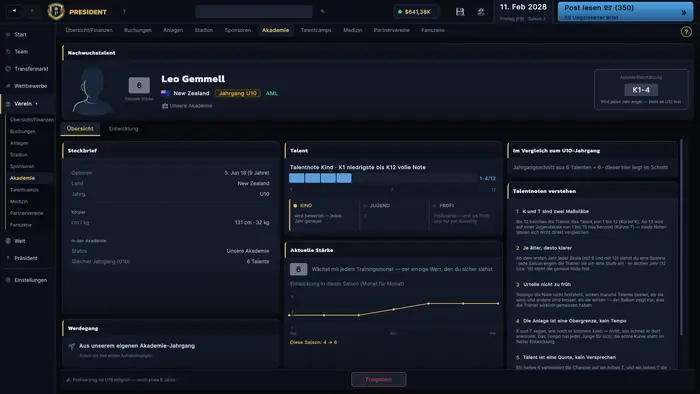 Profil eines Nachwuchsspielers mit aktueller Stärke, geschätztem Potenzial und bisheriger Entwicklung.
