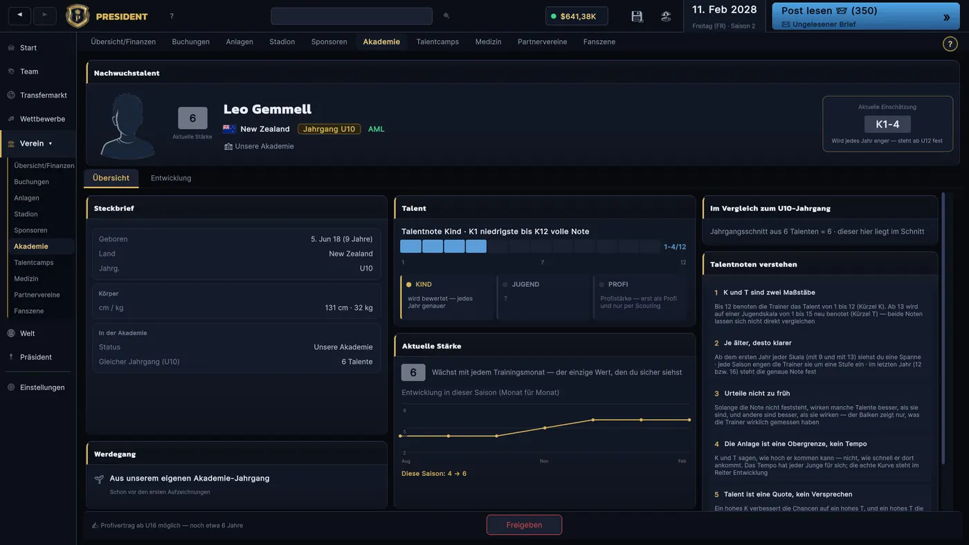 Profil eines Nachwuchsspielers mit aktueller Stärke, geschätztem Potenzial und bisheriger Entwicklung.