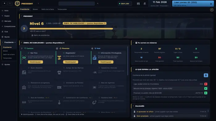 Árbol de habilidades del propietario del club, experiencia, trayectoria y objetivos de la temporada.