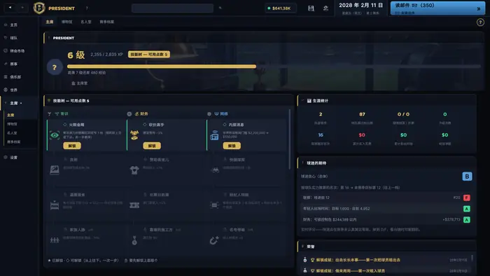俱乐部老板的技能树、经验值、职业生涯成绩和赛季目标。