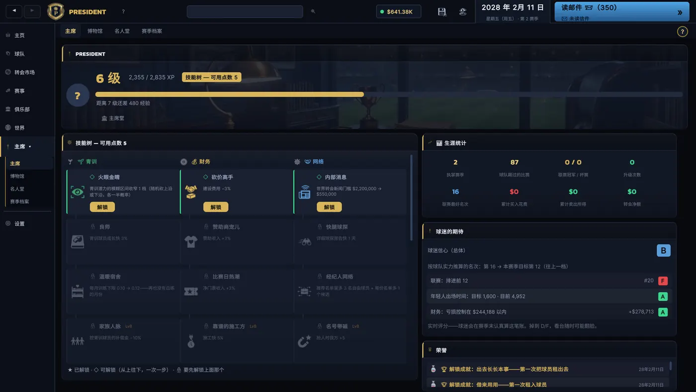 俱乐部老板的技能树、经验值、职业生涯成绩和赛季目标。