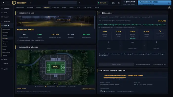 Stadyum planı, kapasite ve genişletme seçenekleri.