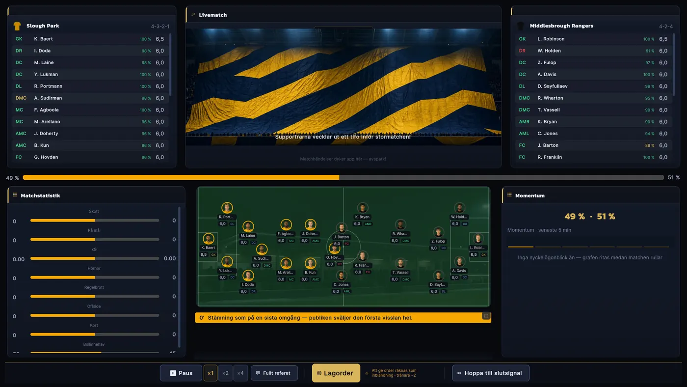 En pågående match med planvy, ställning, spelarbetyg, statistik och livekommentarer.