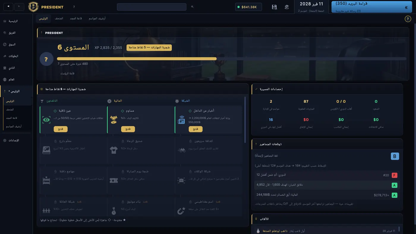 The club owner's skill tree, experience, career record and season objectives.
