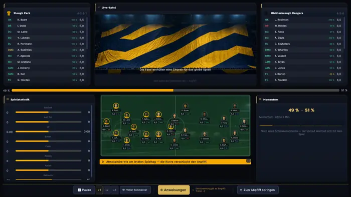 Laufendes Spiel mit Spielfeldansicht, Spielstand, Spielerbewertungen, Statistiken und Live-Kommentar.