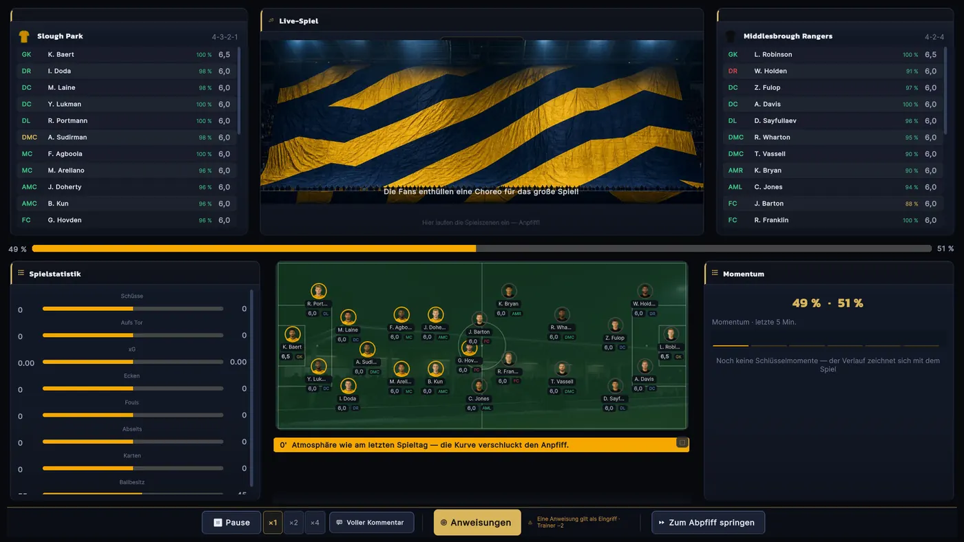 Laufendes Spiel mit Spielfeldansicht, Spielstand, Spielerbewertungen, Statistiken und Live-Kommentar.
