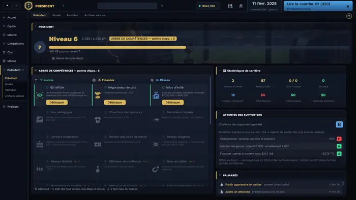 Arbre de compétences du propriétaire du club, expérience, bilan de carrière et objectifs de la saison.