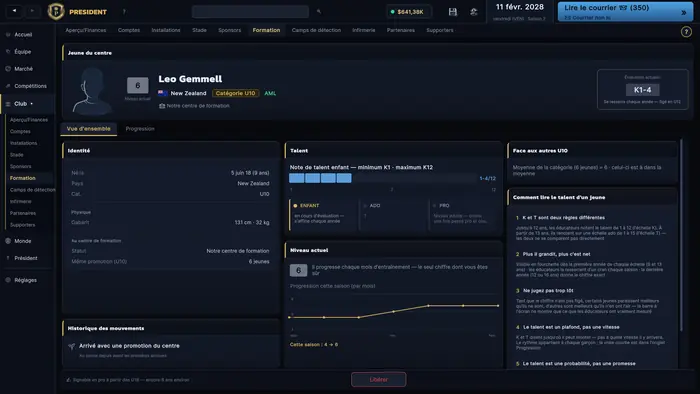 Fiche d'un jeune du centre de formation avec niveau actuel, potentiel estimé et évolution dans le temps.