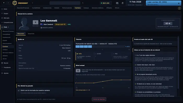 Perfil de un jugador de la cantera con nivel actual, potencial estimado y evolución a lo largo del tiempo.
