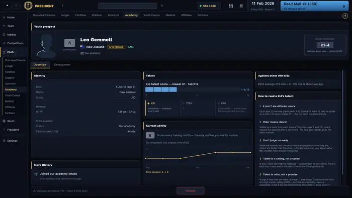 A young academy player's profile with current ability, estimated potential and development over time.