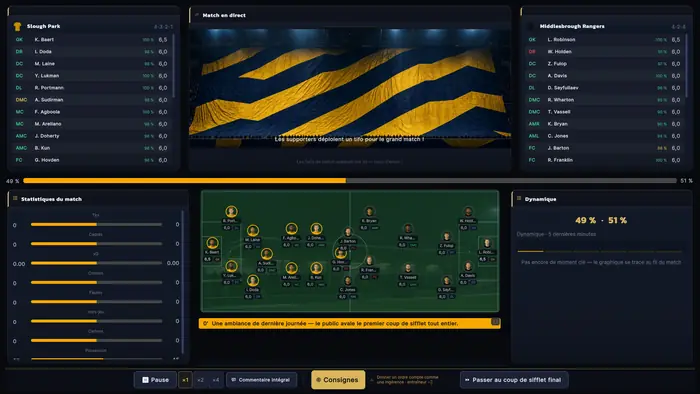 Match en cours avec vue du terrain, score, notes des joueurs, statistiques et commentaires en direct.