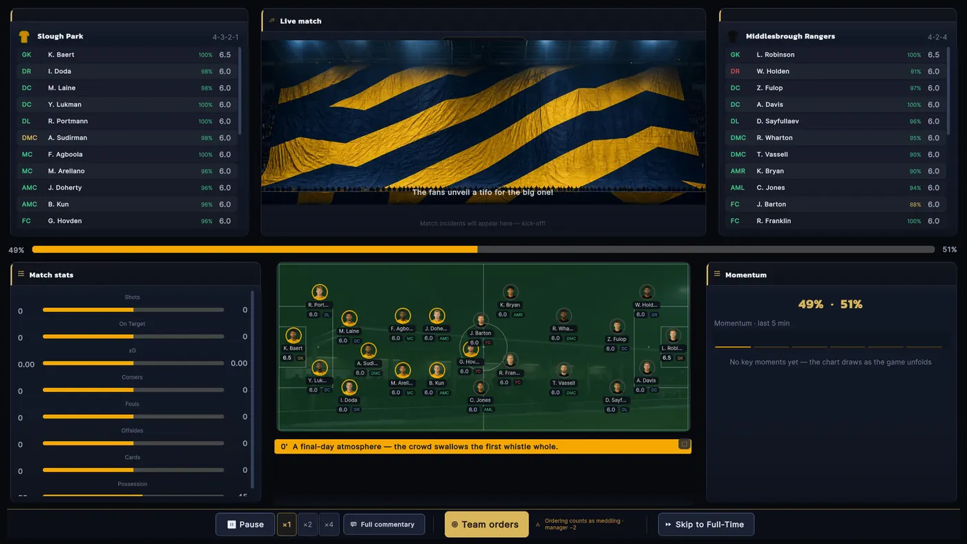 A match in progress with a pitch view, score, player ratings, statistics and live commentary.