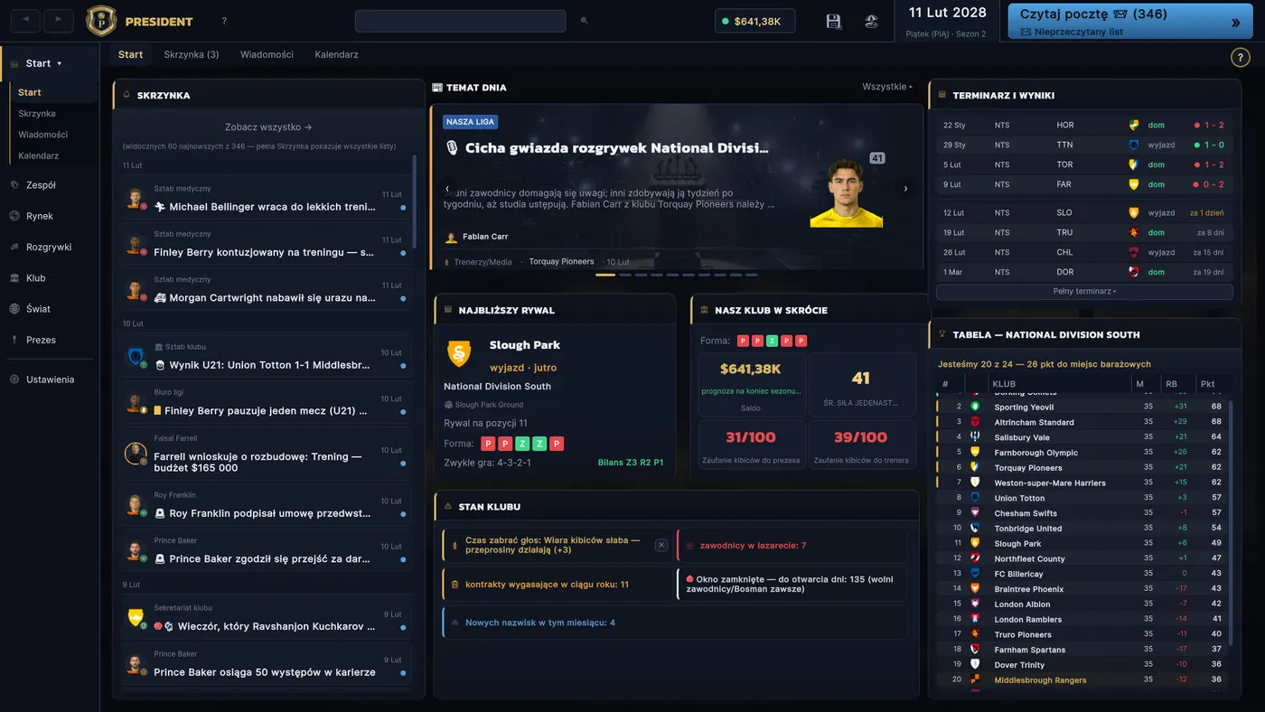Panel klubu z wiadomościami, finansami, terminarzem spotkań i tabelą ligi.
