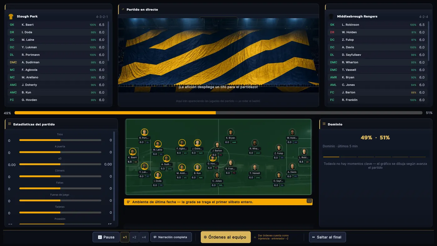 Partido en curso con vista de la cancha, marcador, calificaciones de los jugadores, estadísticas y comentarios en vivo.
